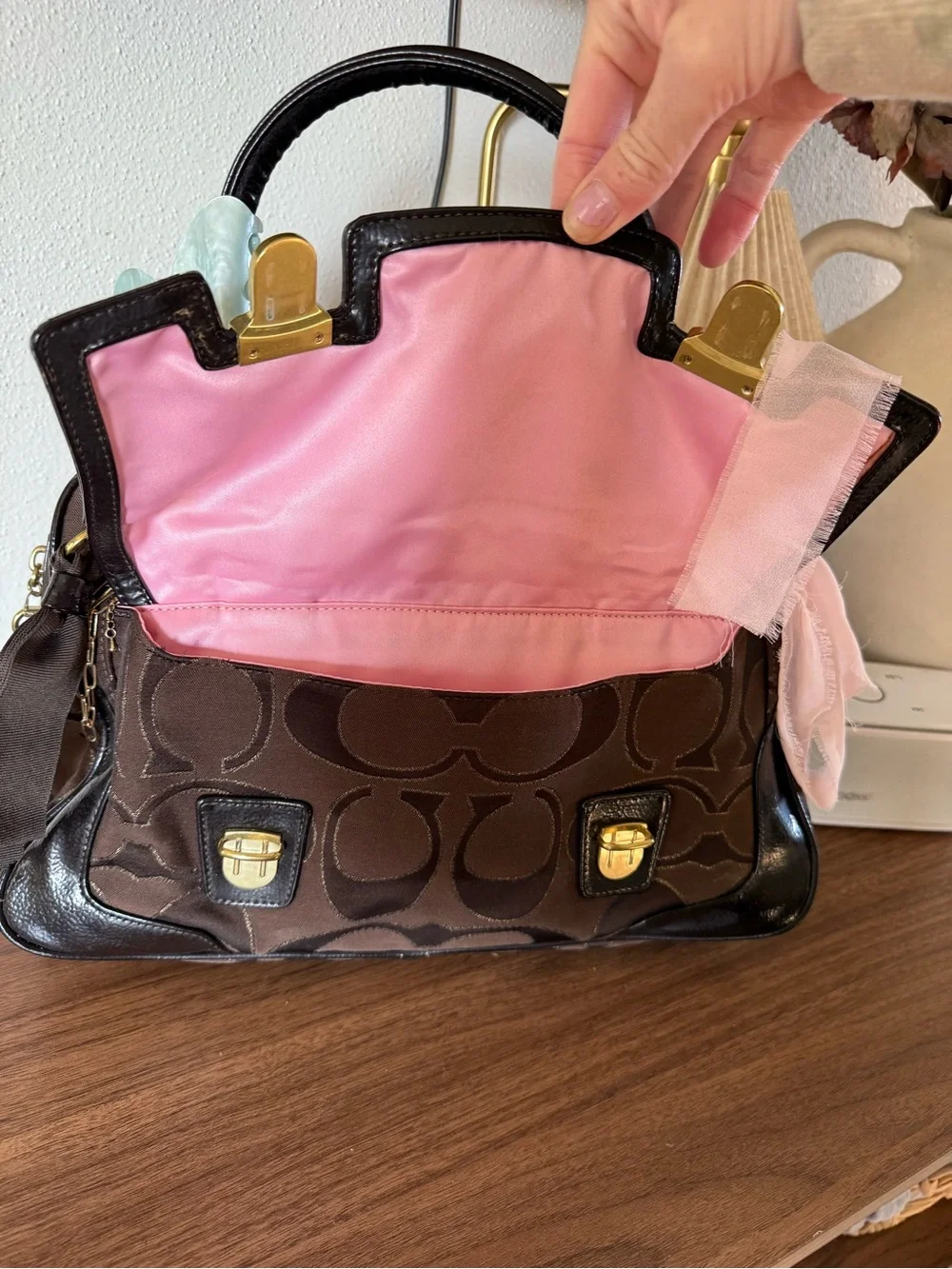 Coach Brown Signature Pattern Satchel with Gold Hardware
